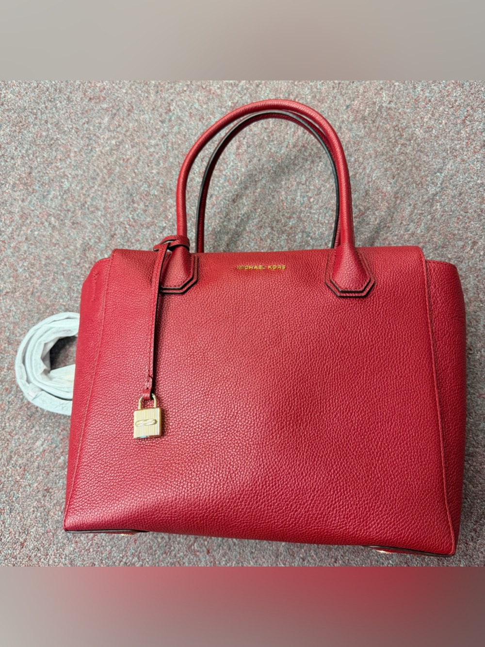Michael Kors Cherry Red Pebbled Leather Tote with Gold Lock
